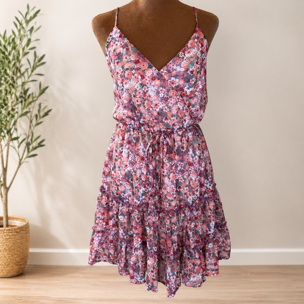 Peach Love California Floral‎ Tiered Strappy Dress Women Large NWT Summer